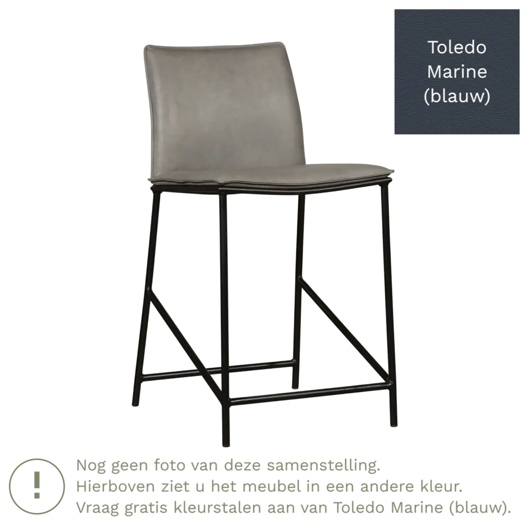 afbeelding van Leren barkruk laag Favor - Toledo Marine (blauw) - poten staal rond zwart